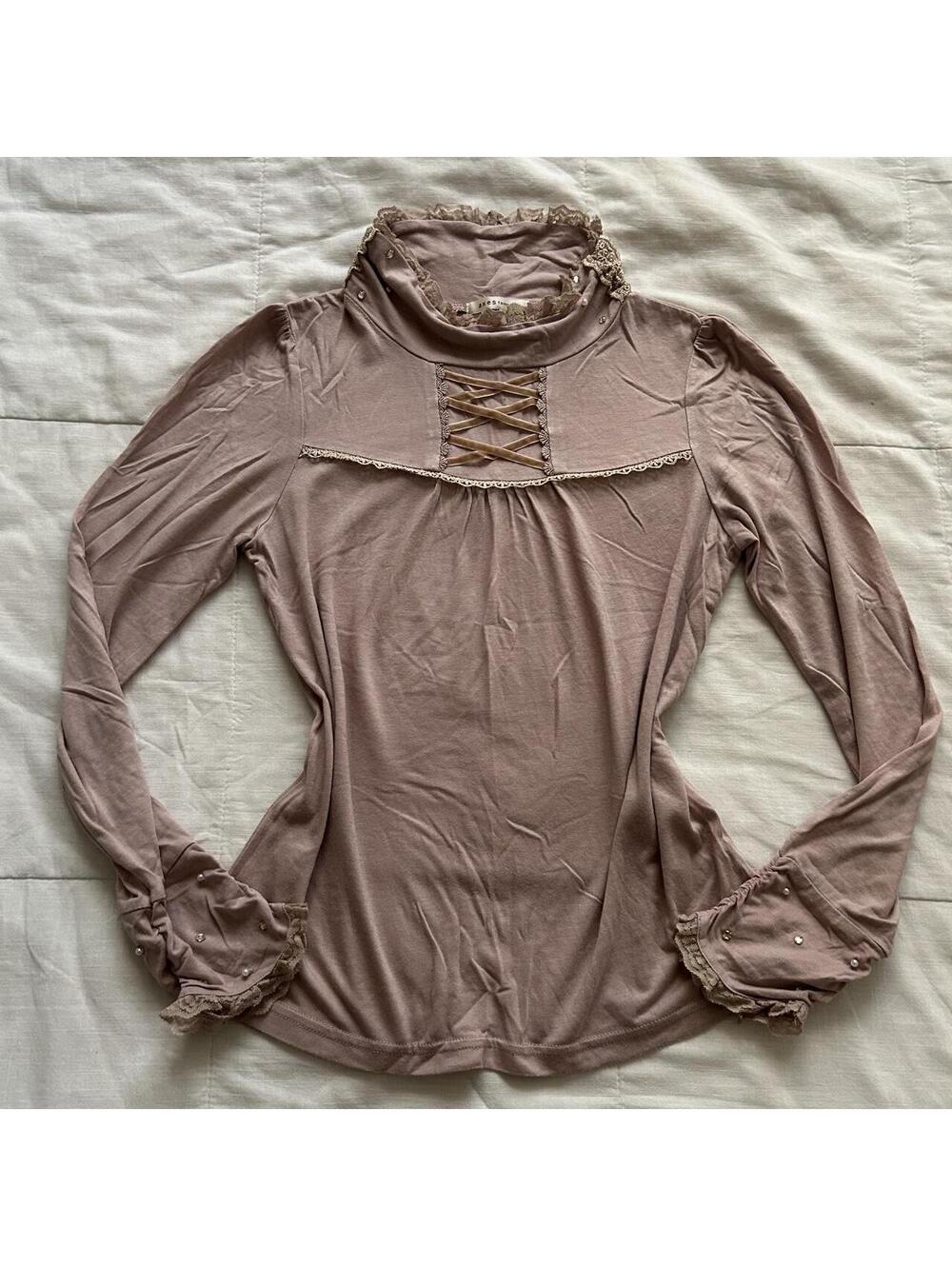 Axes Femme Mauve Pink Corset Ribbon Lace Pearl Long Sleeve Top M Japan